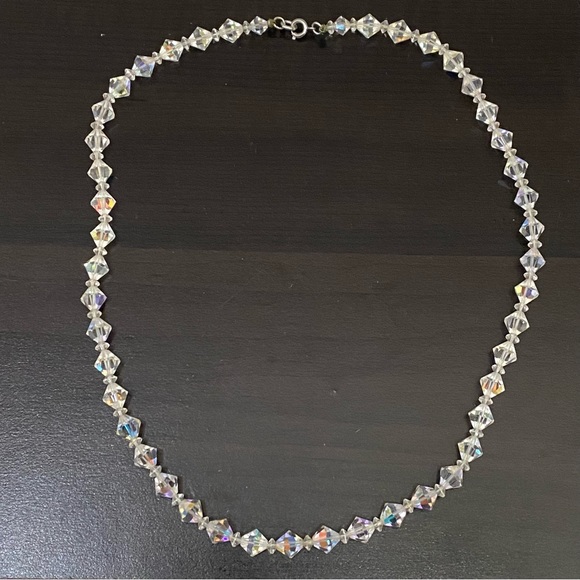 Vintage Clear Aurora Borealis AB Crystal  Diamond-shaped Beaded Necklace - Picture 4 of 11
